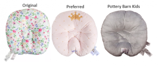 Tilbakekalt Boppy Original Newborn Lounger (venstre), Boppy Preferred Newborn Lounger (midten), og Pottery Barn Kids Boppy Newborn Lounger (høyre)