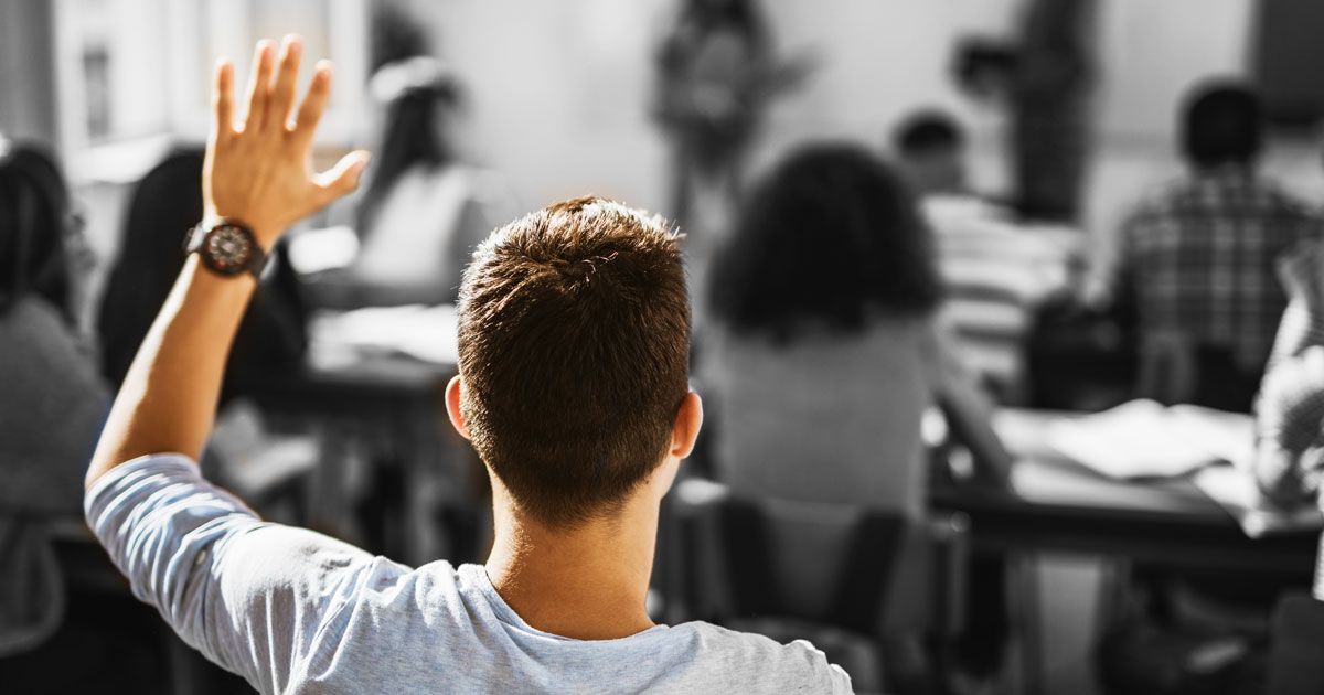 Vista posteriore dello studente maschio che alza la mano su una classe.